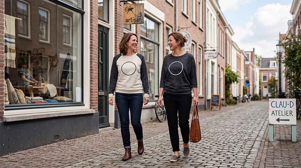 Twee vriendinnen wandelen door het bruisende Modekwartier in Arnhem, prachtig gestyled in de handgemaakte grafische cirkel sweaters van CLAU-D, gemaakt met de reverse appliqué techniek.