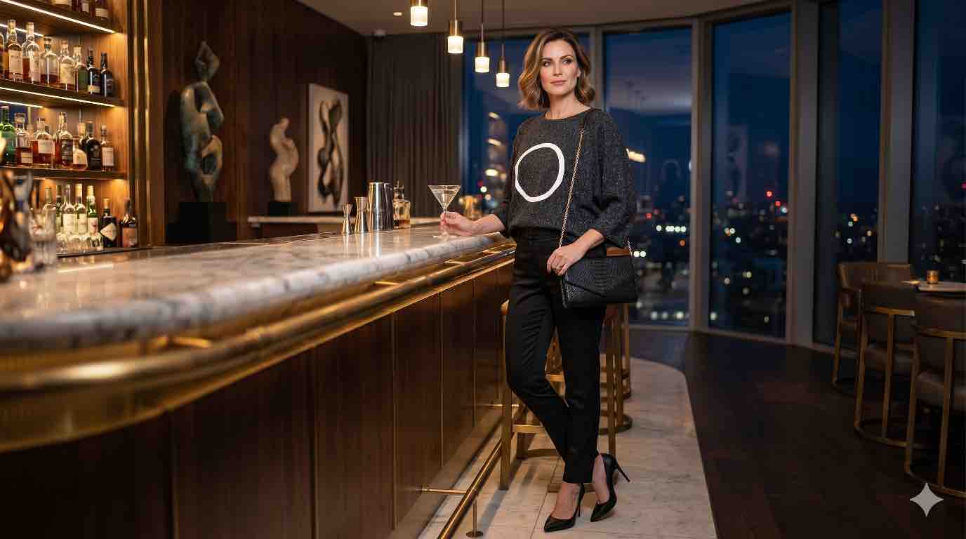 Een vrouw draagt een donkergrijze gemêleerde statement-trui met een grote witte cirkel-graphic, chique gestyled voor een avondlook met een zwarte broek en hakken, staand aan een chique bar met een martini.