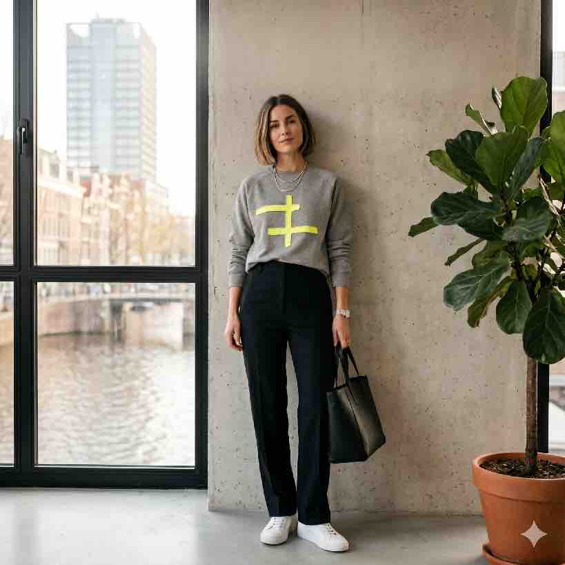 Sweater 'Fluor Yellow Cross'. Deze sweater in een tijdloze grijs melange tint combineert ultiem comfort met een gedurfd, artistiek accent. Ontwerpster Claudia Träumer creëert met felgeel fluor tricot een grafisch lijnenspel dat zorgt voor een frisse en stoere look.