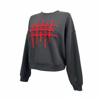 clau-d trui rood denim applicatie detail